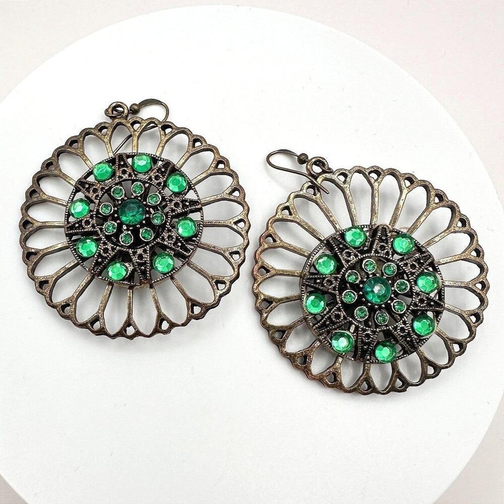 Vintage 90s Bronze Tone Green Glass Filigree Statement Drop Earrings Jewelry Y2K